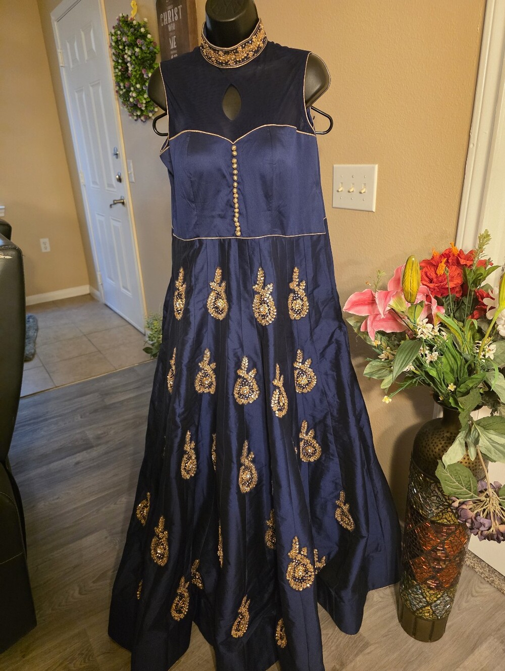 Navy Sleeveless Maxi Dress with Gold Embellishment